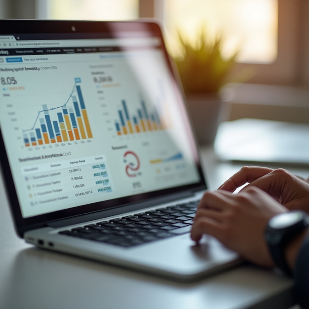 Close-up of a laptop screen showing a blog analytics dashboard with traffic trends