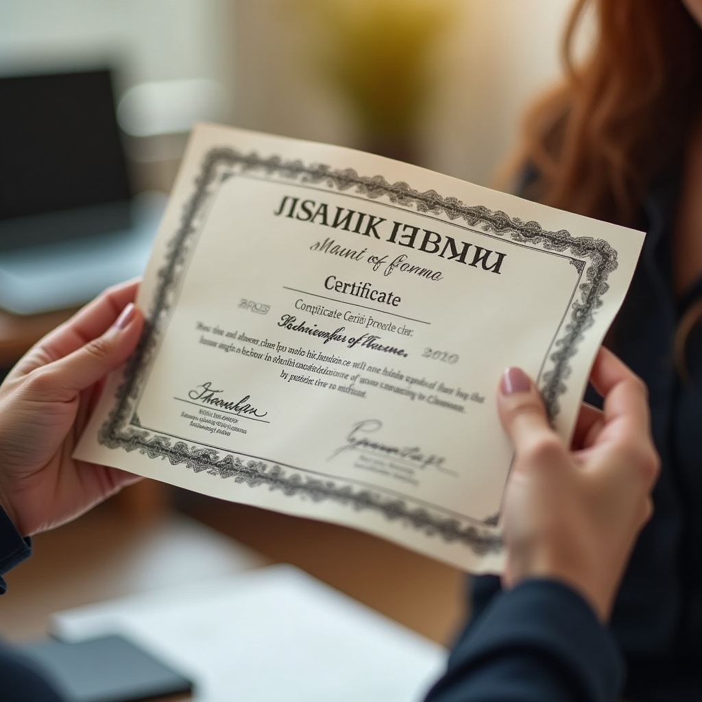 Hands holding a printed training completion certificate on a wooden desk
