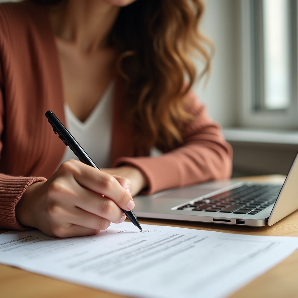 Marketing coordinator writing a content brief template at a desk