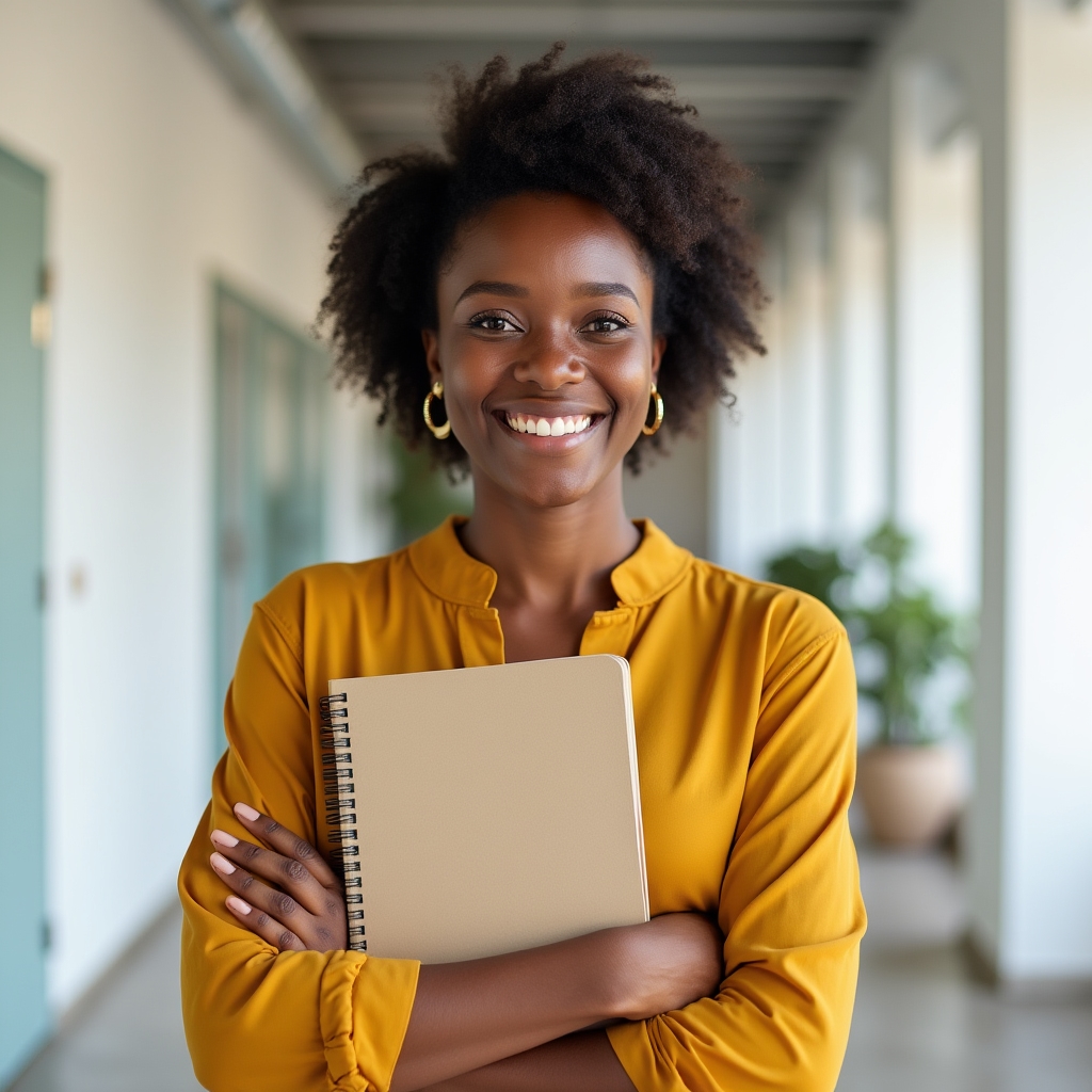 Portrait of a marketing coordinator smiling while holding a notebook in an office