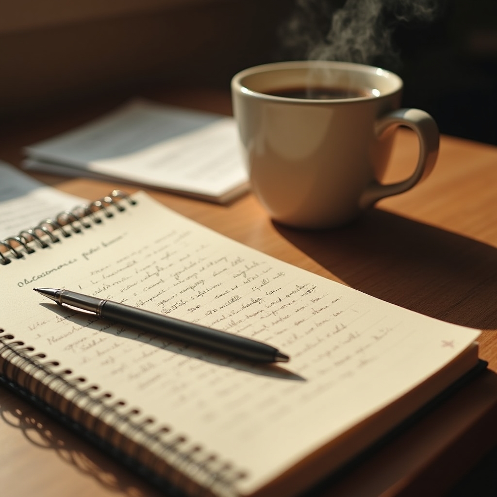 Notebook, pen and coffee cup arranged on a wooden desk with training handouts