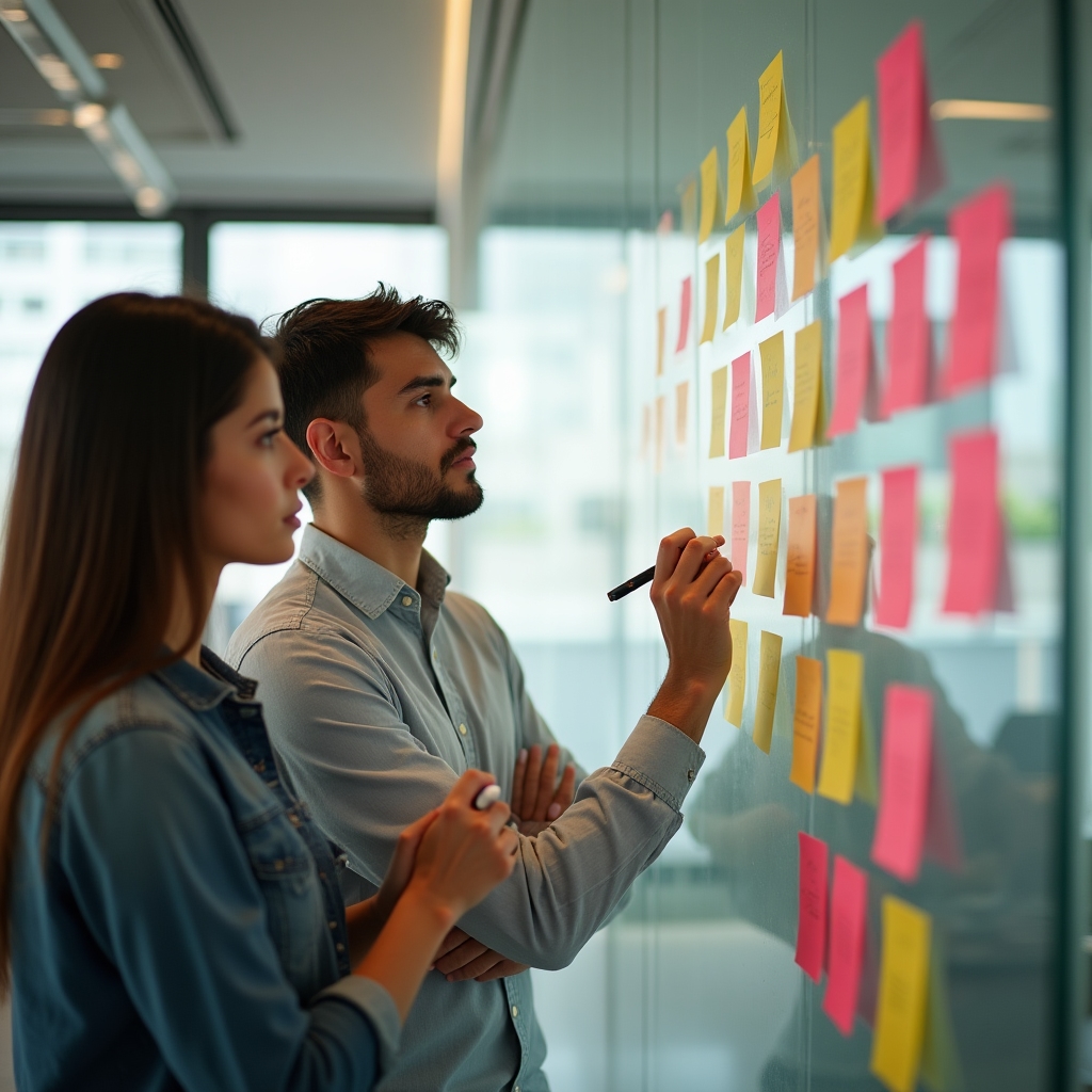 Marketing team planning an editorial calendar with sticky notes on a glass wall