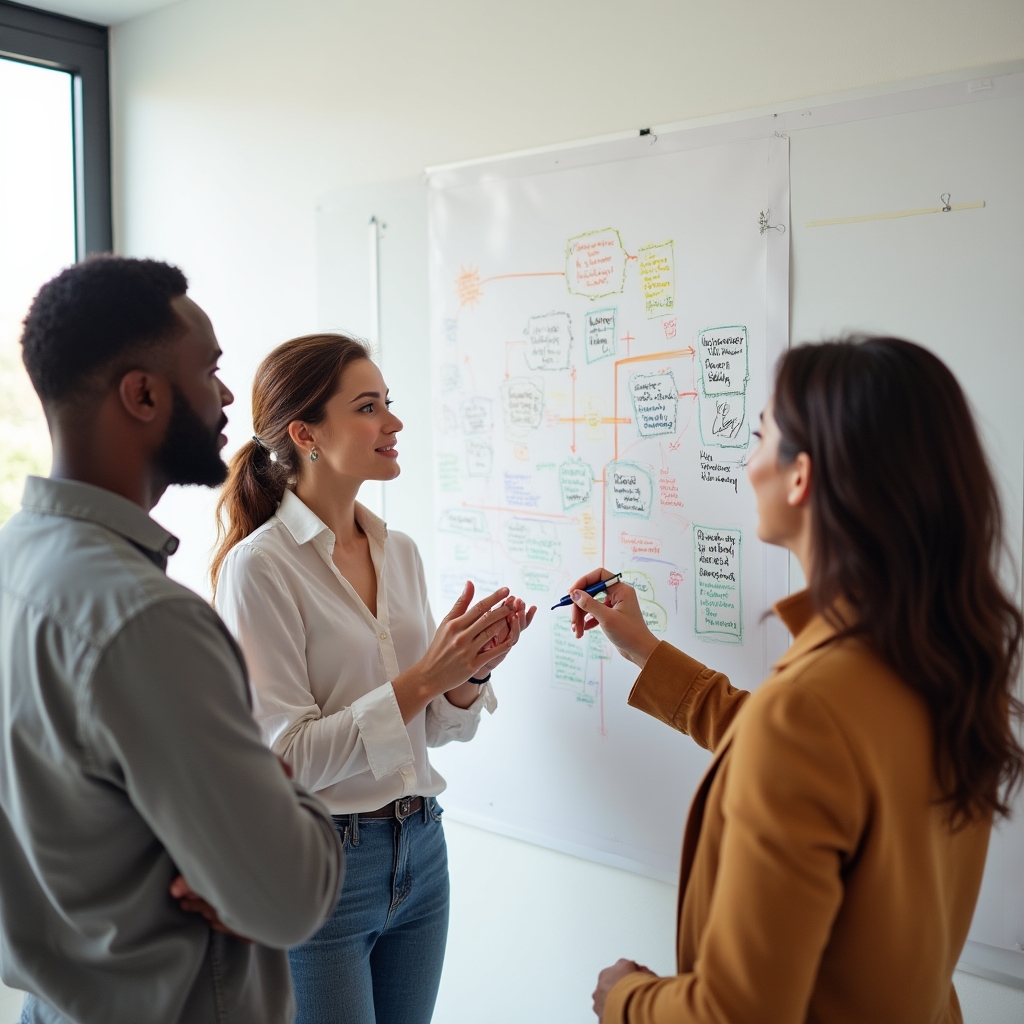 Marketing team mapping internal linking structure on a whiteboard