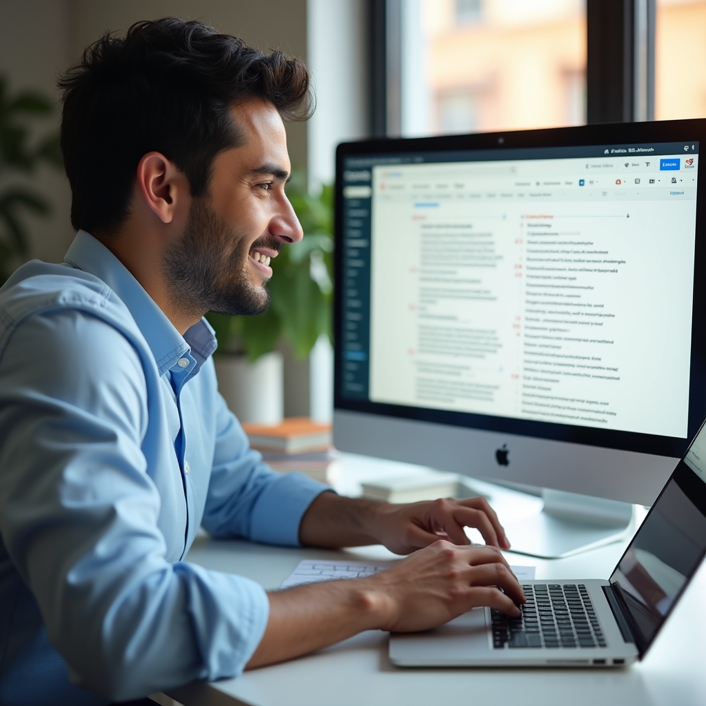 Marketing coordinator reviewing an on-page SEO checklist on a laptop screen