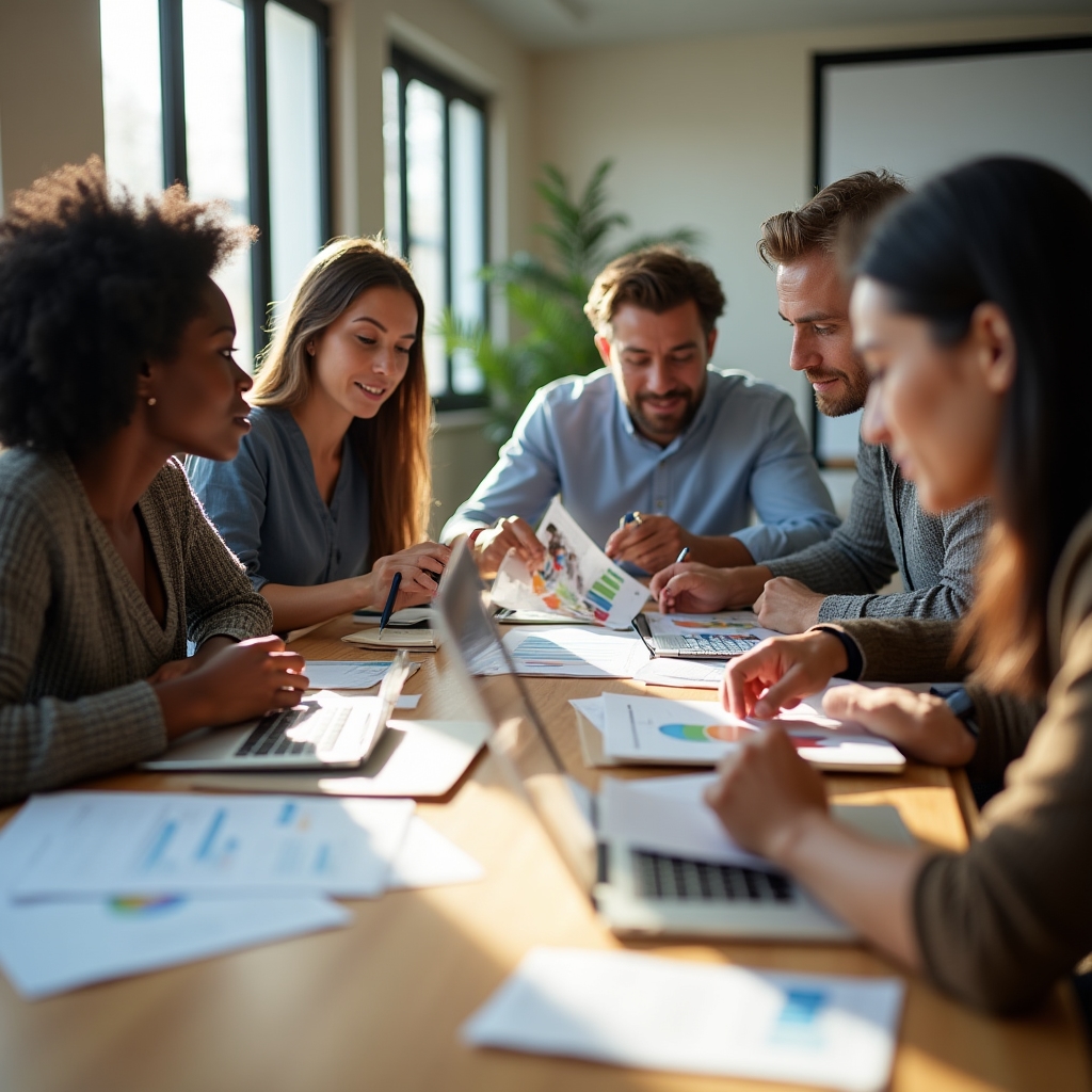 Team conducting a quarterly content audit meeting around a table